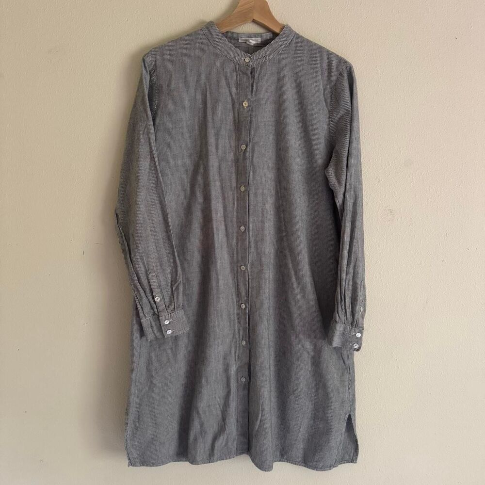 Eileen Fisher Small Ticking Stripe Organic Cotton Linen Long Shirt Dress Tunic